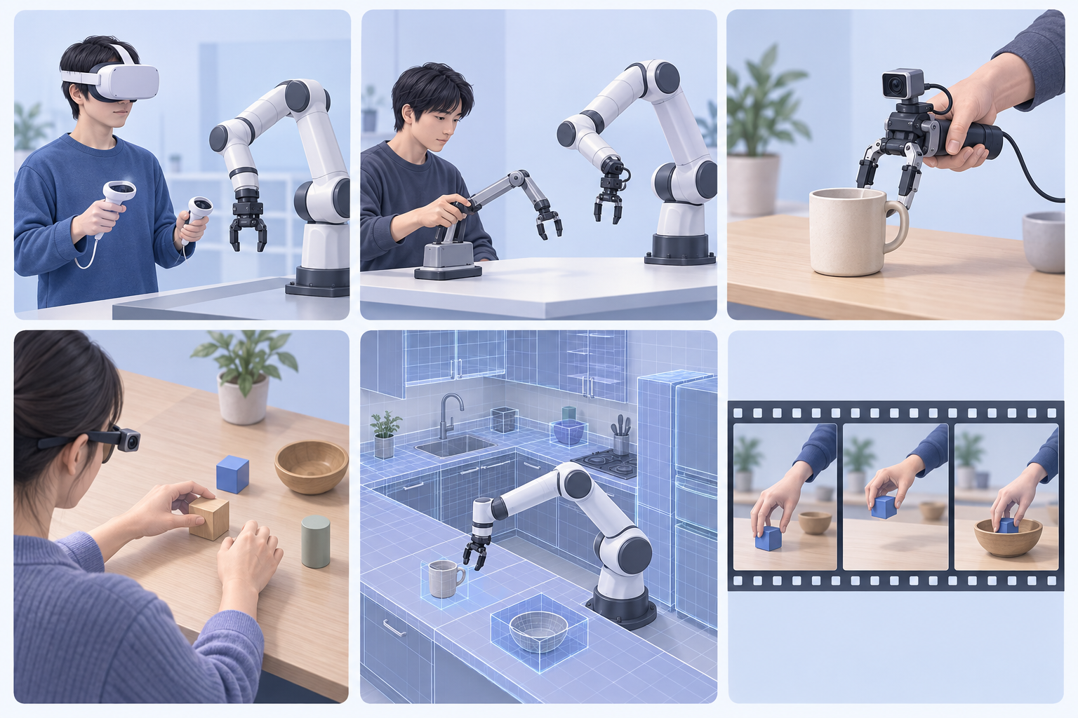 六个独立场景依次展示 VR 操控、主从机械臂、手持夹爪、第一视角采集、仿真厨房与人类动作视频